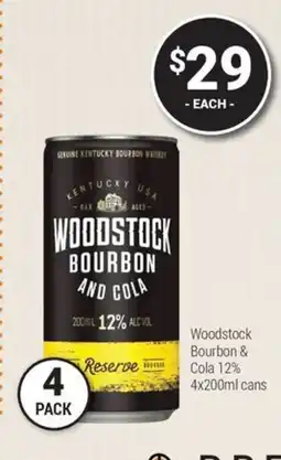 Super Cellars Woodstock Bourbon & Cola 12% 4x200ml cans offer