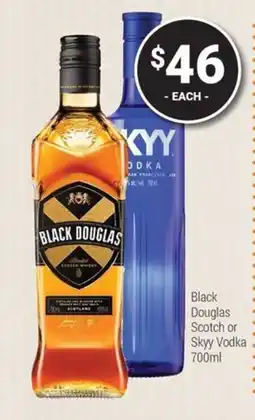 Super Cellars Black Douglas Scotch or Skyy Vodka offer