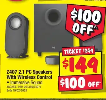 JB Hi-Fi Z407 2.1 PC Speakers With Wireless Control offer