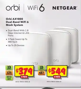 JB Hi-Fi Orbi AX1800 Dual-Band WiFi 6 Mesh System 2 Pack offer