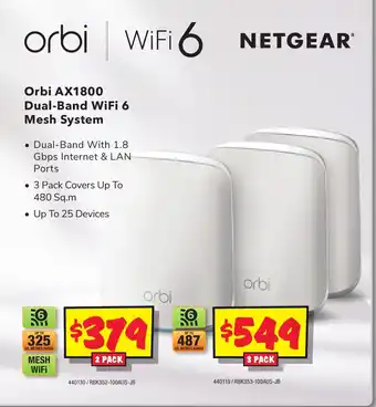 JB Hi-Fi Orbi AX1800 Dual-Band WiFi 6 Mesh System 3 Pack offer