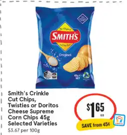 IGA Smith's crinkle cut chips, twisties or doritos cheese supreme corn chips offer