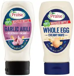 IGA Praise Aioli, Mayo, Burger Sauce or Whole Egg Squeezy Mayo 230‑250g Selected Varieties offer