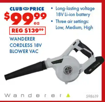 BCF Wanderer cordless 18v blower vac offer