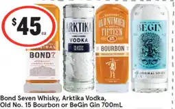 IGA Bond seven whisky, arktika vodka, old no. 15 bourbon or begin gin offer