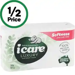 Woolworths icare 100% Recycled Toilet Tissue 3 Ply Pk 8 offer