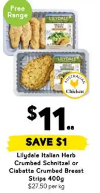 Drakes Lilydale Italian Herb Crumbed Schnitzel or Ciabatta Crumbed Breast offer