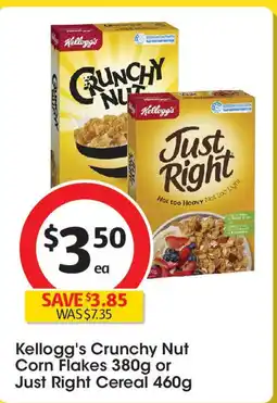 Coles Kellogg's Crunchy Nut Corn Flakes 380g or Just Right Cereal 460g offer