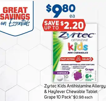 Foodland Zyrtec Kids Antihistamine Allergy & Hayfever Chewable Tablet Grape offer