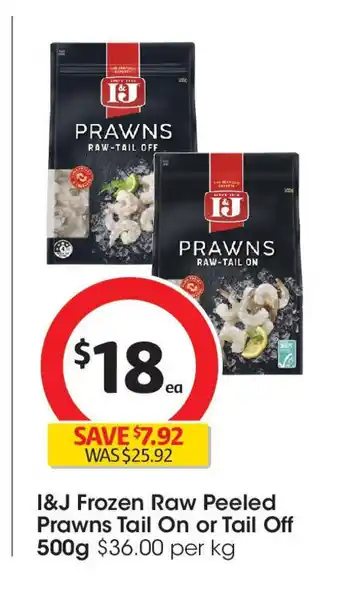 Coles I&J Frozen Raw Peeled Prawns Tail On or Tail Off offer