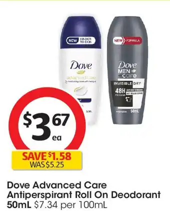 Coles Dove Advanced Care Antiperspirant Roll On Deodorant offer