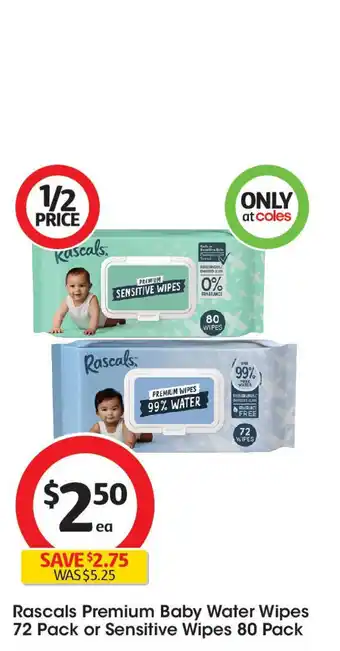 Coles Rascals Premium Baby Water Wipes 72 Pack or Sensitive Wipes 80 Pack offer