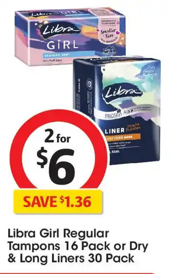 Coles Libra Girl Regular Tampons 16 Pack or Dry & Long Liners 30 Pack offer