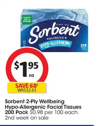 Coles Sorbent 2-Ply Wellbeing Hypo-Allergenic Facial Tissues 200 Pack offer