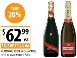 Supabarn MUMM CORD ROUGE NV CHAMPAGNE, PIPER-HEIDSIEK NV BRUT offer