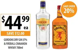 Supabarn Gordons dry gin 37% & fireball cinnamon whisky offer