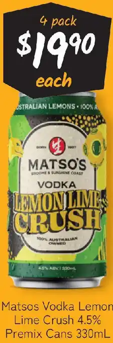 Cellarbrations Matsos vodka lemon lime crush 4.5% premix cans offer