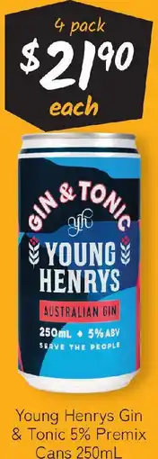 Cellarbrations Young henrys gin & tonic 5% premix cans offer