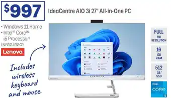 Officeworks Ideacentre aio 3i 27" all-in-one pc offer