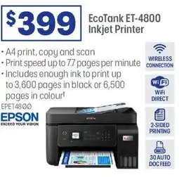 Officeworks EcoTank ET-4800 Inkjet Printer offer