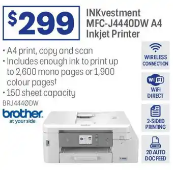 Officeworks INKvestment MFC-J4440DW A4 Inkjet Printer offer