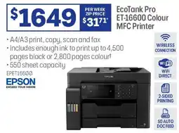 Officeworks EcoTank Pro ET-16600 Colour MFC Printer offer