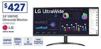 Officeworks 34" UWFHD Ultrawide Monitor offer