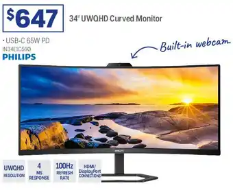 Officeworks 34" UWQHD Curved Monitor offer