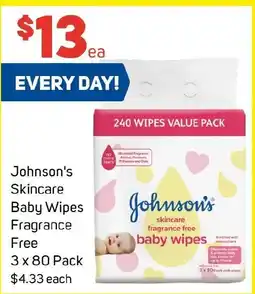 Foodland Johnson's Skincare Baby Wipes Fragrance Free 3 x 80 Pack offer