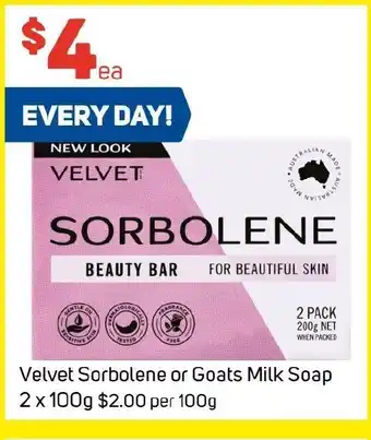 Foodland Velvet Sorbolene or Goats Milk Soap 2 x 100g offer