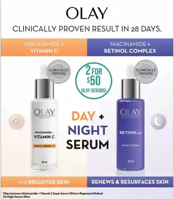 Chemist Warehouse Olay Luminous Niacinamide + Vitamin C Super Serum 30ml or Regenerist Retinol 24 Night Serum 30ml offer