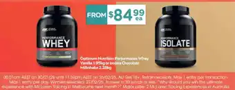 Chemist Warehouse Optimum Nutrition Performance Whey Vanilla 1.95kg or Isolate Chocolate Milkshake 2.28kg offer