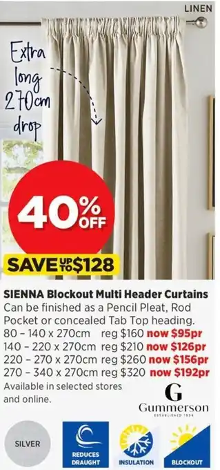 Spotlight Sienna Blockout Multi Header Curtains 140 x 270cm offer