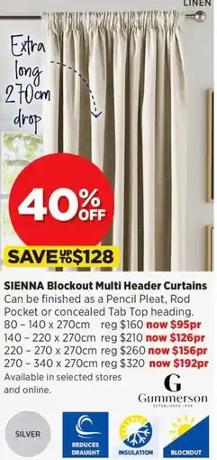 Spotlight Sienna Blockout Multi Header Curtains 220 x 270cm offer