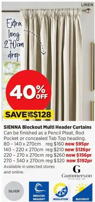 Spotlight Sienna Blockout Multi Header Curtains 270 x 270cm offer