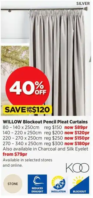 Spotlight Willow Blockout Pencil Pleat Curtains 140 x 250cm offer