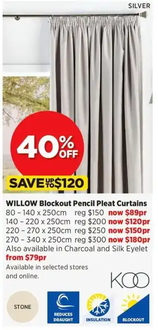 Spotlight Willow Blockout Pencil Pleat Curtains 220 x 250cm offer