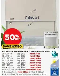 Spotlight Platinum Roller Blinds 90 x 210cm offer