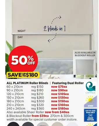 Spotlight Platinum Roller Blinds 210 x 210cm offer