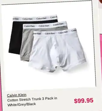 Myer Calvin Klein Cotton Stretch Trunk 3 Pack in White/Grey/Black offer