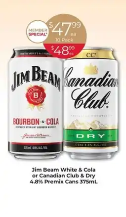 Porters Jim Beam White & Cola or Canadian Club & Dry 4.8% Premix Cans 375mL offer