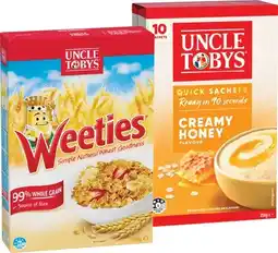 IGA Uncle Tobys Rolled Oats Quick Sachets 8‑10 Pack or Weeties Cereal 510g Selected Varieties offer