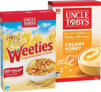 IGA Uncle Tobys Rolled Oats Quick Sachets 8‑10 Pack or Weeties Cereal 510g Selected Varieties offer