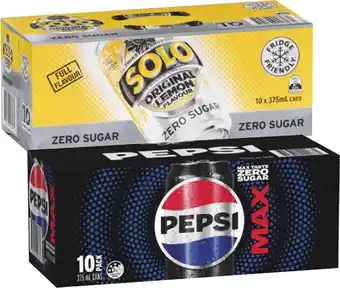 Coles Pepsi, Solo or Schweppes Soft Drink 10x375mL offer