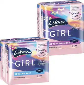 Coles Libra Girl Pads with Wings Regular 12 Pack or Goodnights 10 Pack offer