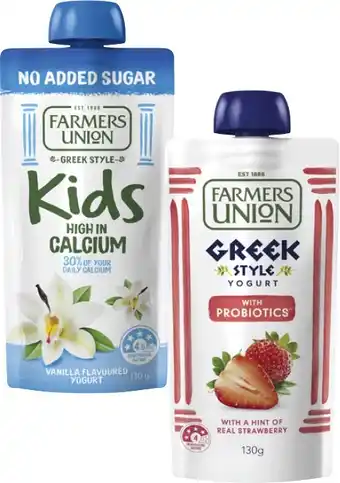 Coles Farmers Union Greek Style or No Added Sugar Yogurt Pouch 130g offer