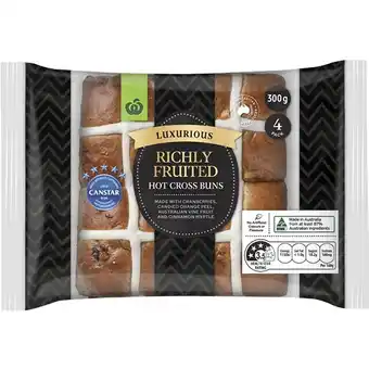 Woolworths Woolworths Luxurious Richly Fruited Hot Cross Buns Pk 4 offer