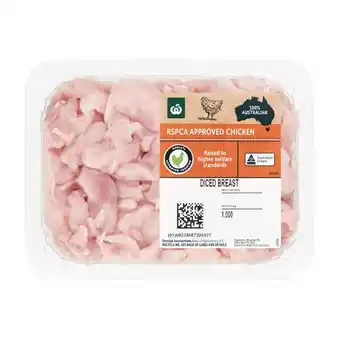 Woolworths Australian Fresh RSPCA Approved Chicken Breast Diced 1 kg – From the Meat Dept offer