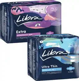 Coles Libra Ultra Thin Pads Regular with Wings 14 Pack or Goodnights Extra Long with Wings 10 Pack offer