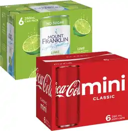 Coles Coca-Cola, Sprite, Fanta, Deep Spring or Mt Franklin Mini Cans 6x250mL offer